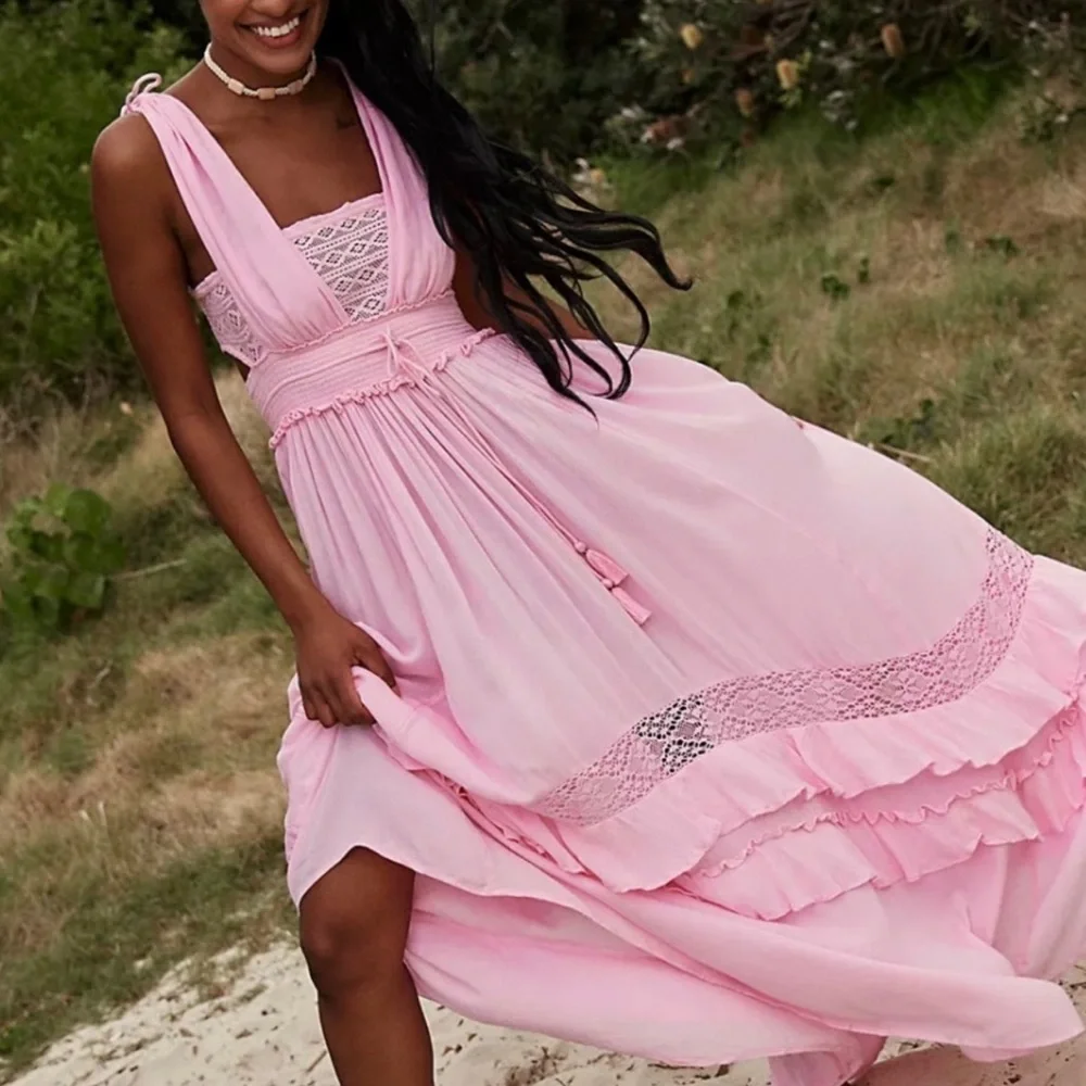 Free people santa maria maxi bohemian dress in pink size large - Picture 1 of 11